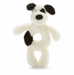 JELLYCAT BASHFUL BLACK AND CREAM PUPPY RING RATTLE